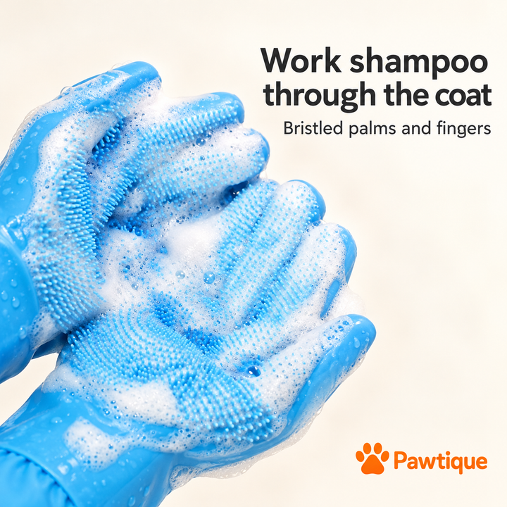 Blue pet bathing gloves with lather on the bristled palms and fingers