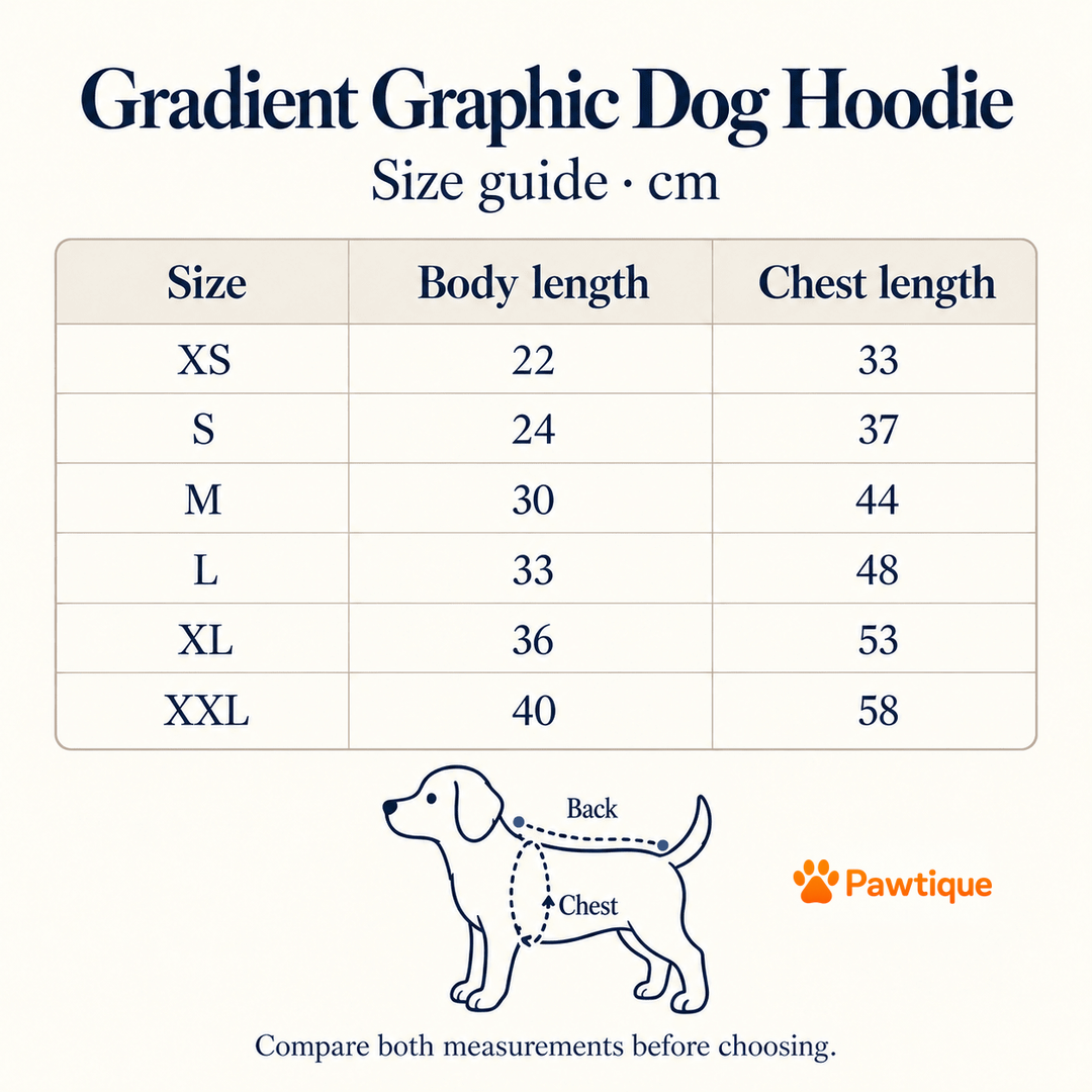 Gradient Graphic Dog Hoodie current size guide, XS through XXL, body and chest length in centimeters