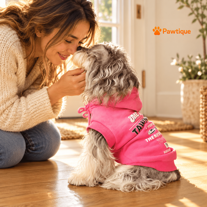 Owner and dog sharing a moment in pink gradient hoodie