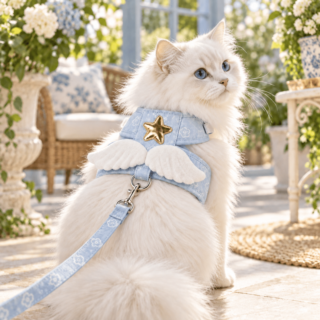 Cat wearing blue HaloWing harness with white wings and gold star