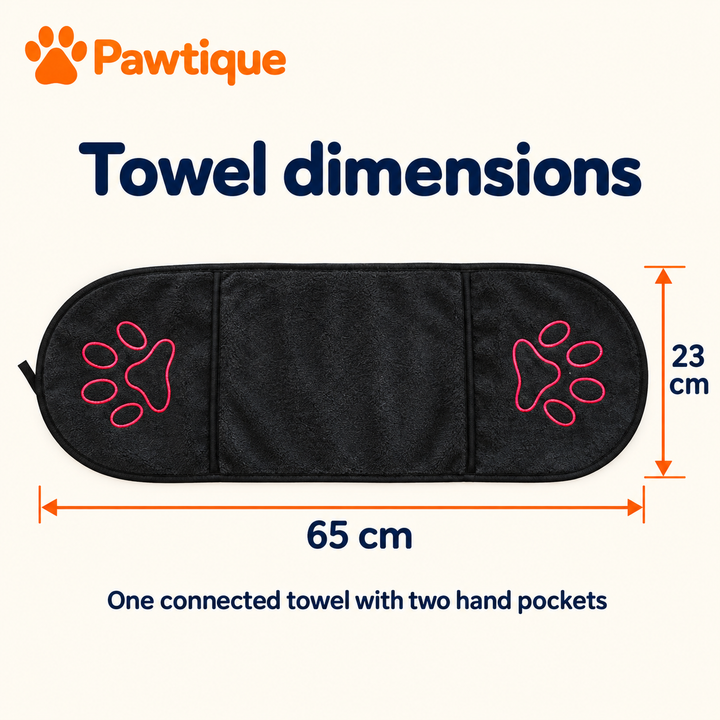 Black double-pocket pet towel showing 65 cm length and 23 cm width