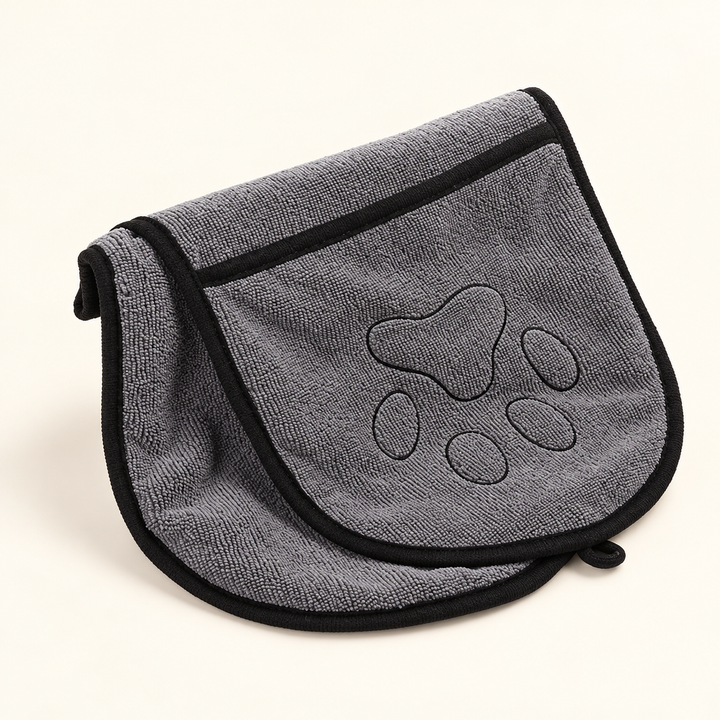 Gray microfiber pet drying towel folded to show its hand pocket and black paw embroidery