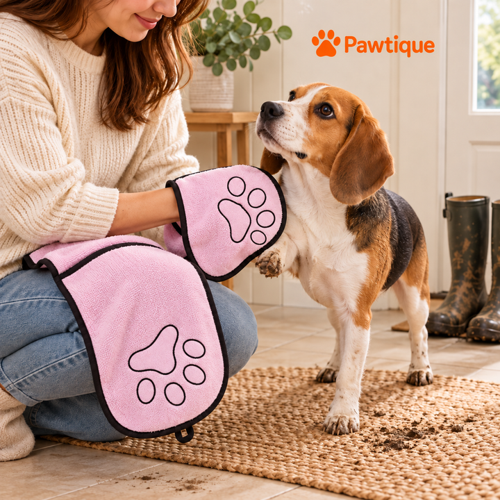 Owner holding the pink double-pocket towel while drying a muddy dog paw after a walk