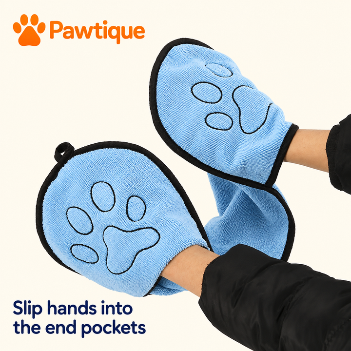 Hands inside the two end pockets of one connected light blue pet drying towel