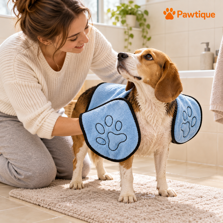 Owner drying a dog after a bath with the light blue double-pocket towel