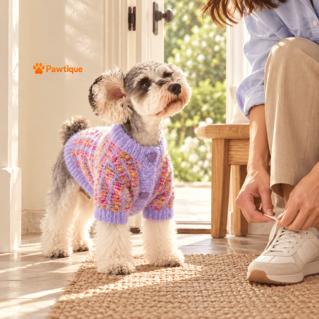 Purple cardigan worn by dog beside owner