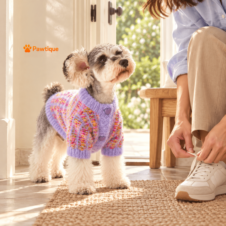 Purple cardigan worn by dog beside owner