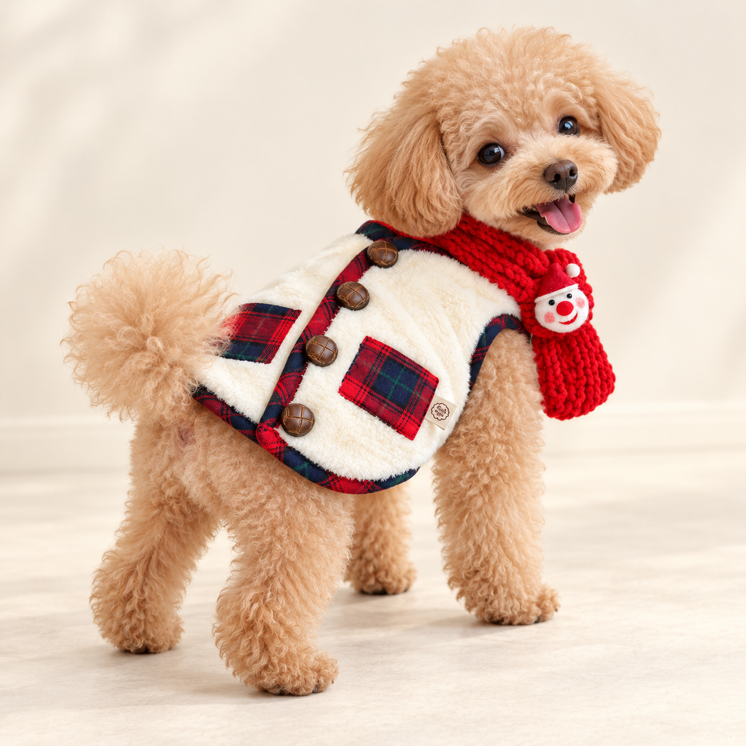 Dog wearing HearthPlaid ivory vest and coordinating scarf, full-body view