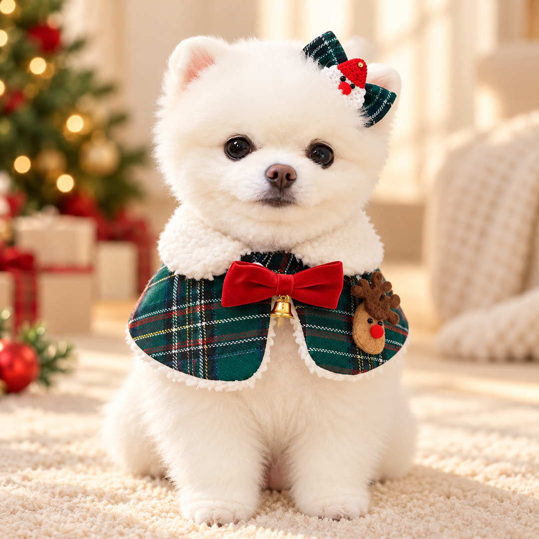 Evergreen Reindeer HollyPlaid collar and green Santa-face hair clip on a white dog