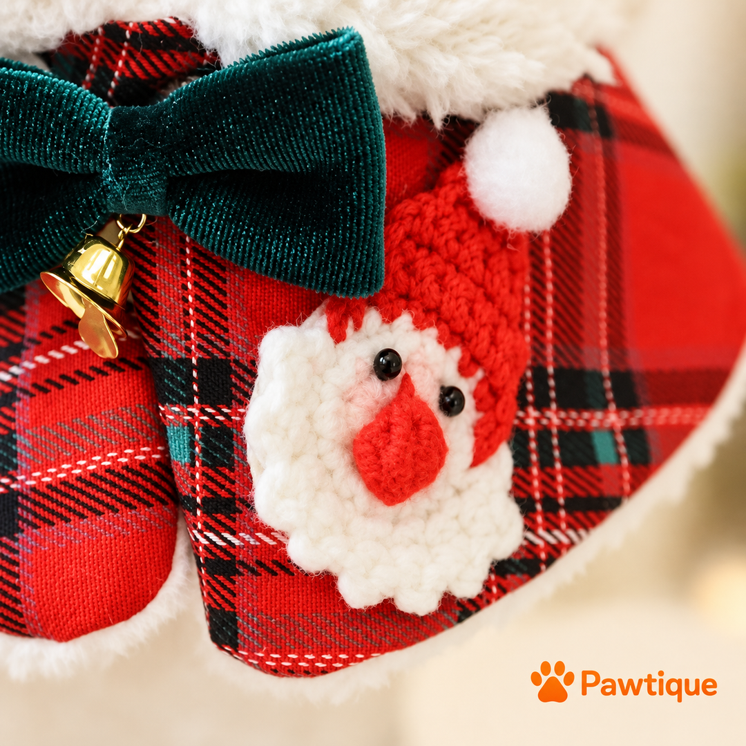 Classic Red Santa HollyPlaid collar close-up showing Santa applique, velvet bow and gold-tone bell
