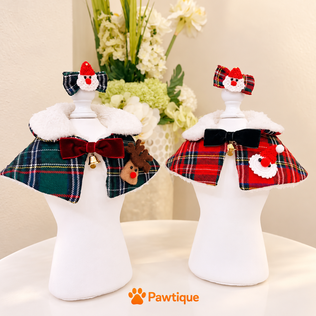 Evergreen Reindeer and Classic Red Santa design comparison on display stands; each selected set includes one collar and one coordinating hair clip