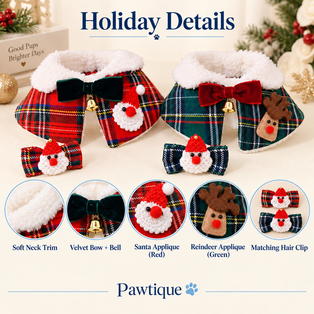 Pawtique HollyPlaid collar set fabric, bow, bell, applique and matching hair clip details