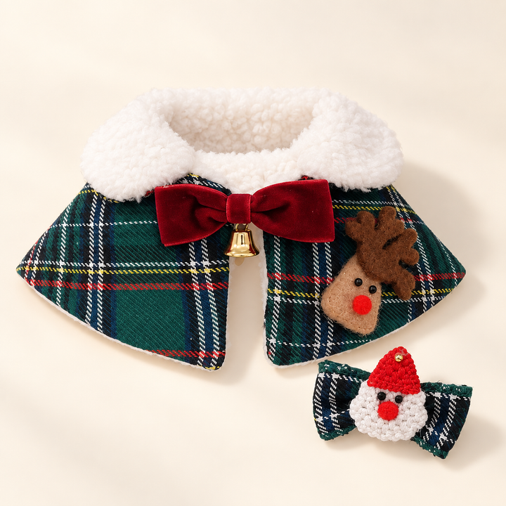 Pawtique HollyPlaid holiday bandana collar set in Evergreen Reindeer