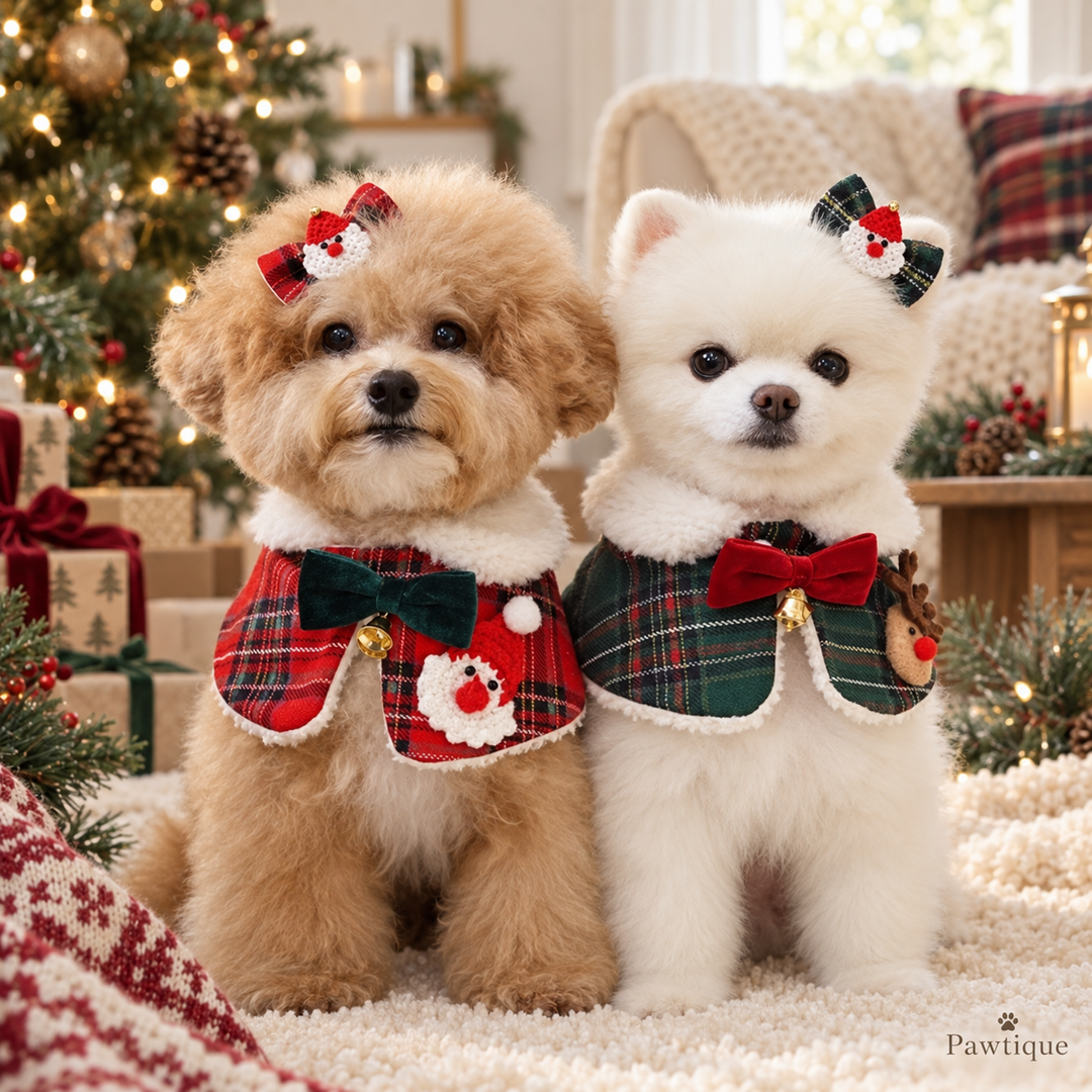 Two small dogs wearing red and green Pawtique HollyPlaid holiday bandana collar sets