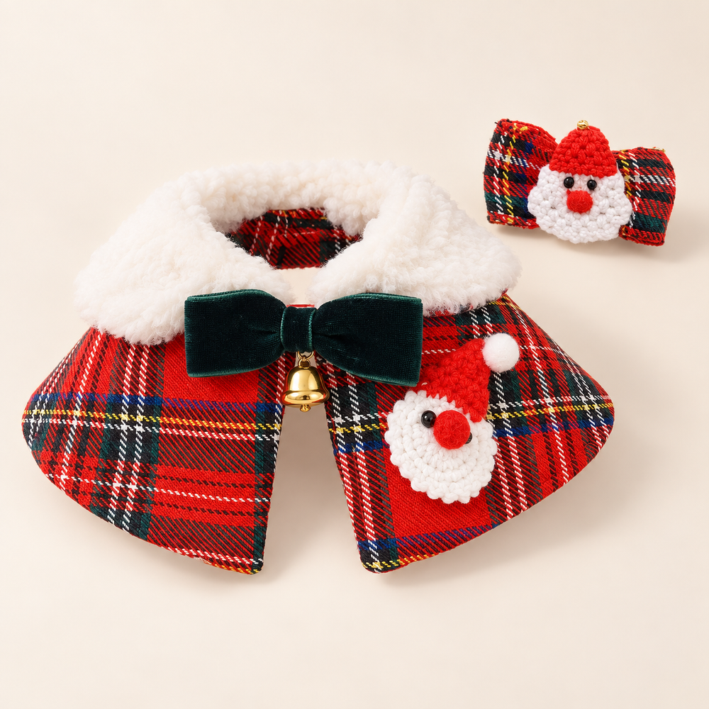 Pawtique HollyPlaid holiday bandana collar set in Classic Red Santa