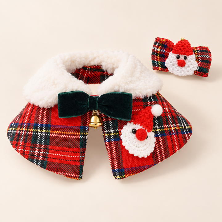 Pawtique HollyPlaid holiday bandana collar set in Classic Red Santa
