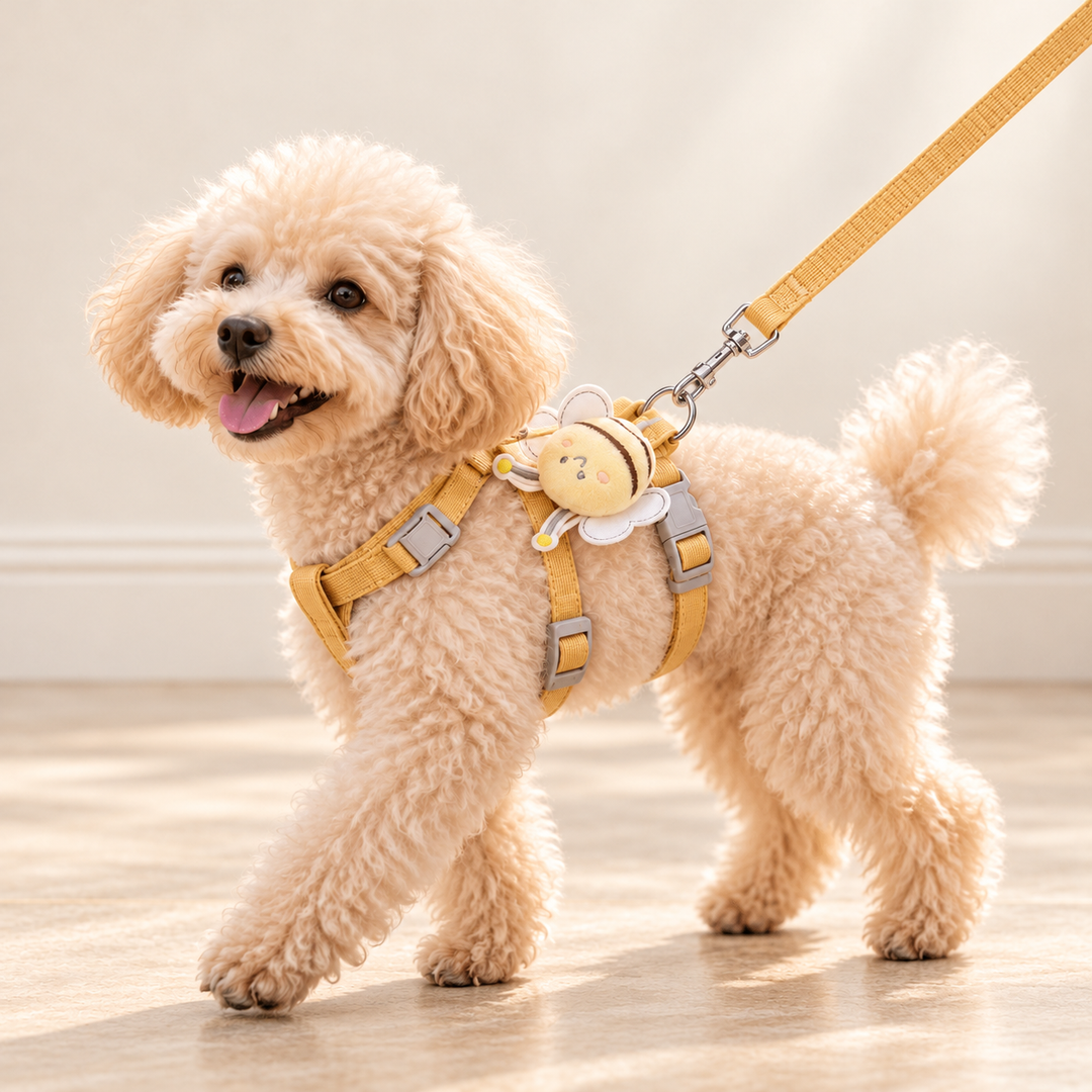 Cream dog wearing the yellow HoneyBee harness and matching leash