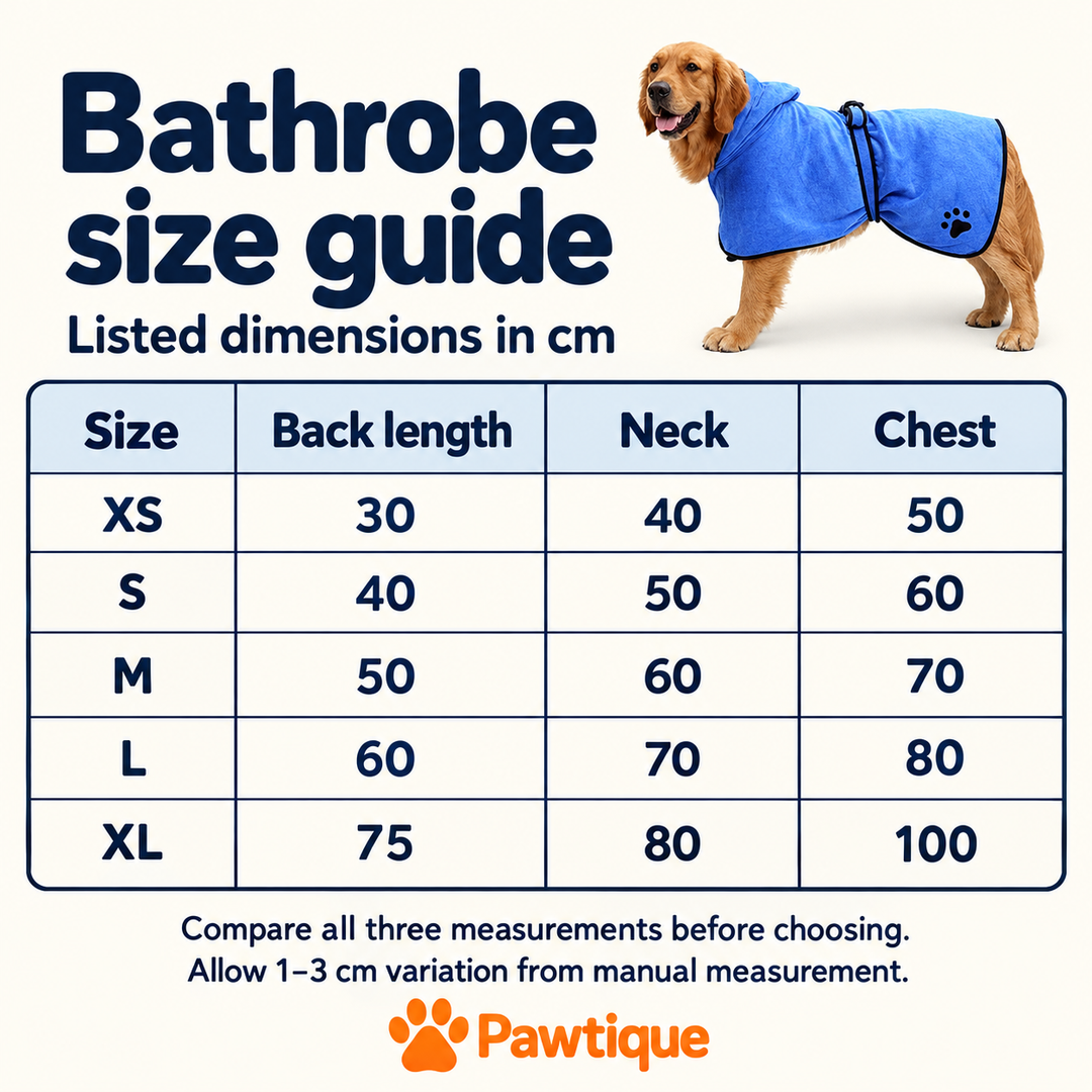 Bathrobe listed dimensions in cm: XS back 30 neck 40 chest 50; S 40/50/60; M 50/60/70; L 60/70/80; XL 75/80/100. Allow 1–3 cm manual measurement variation.