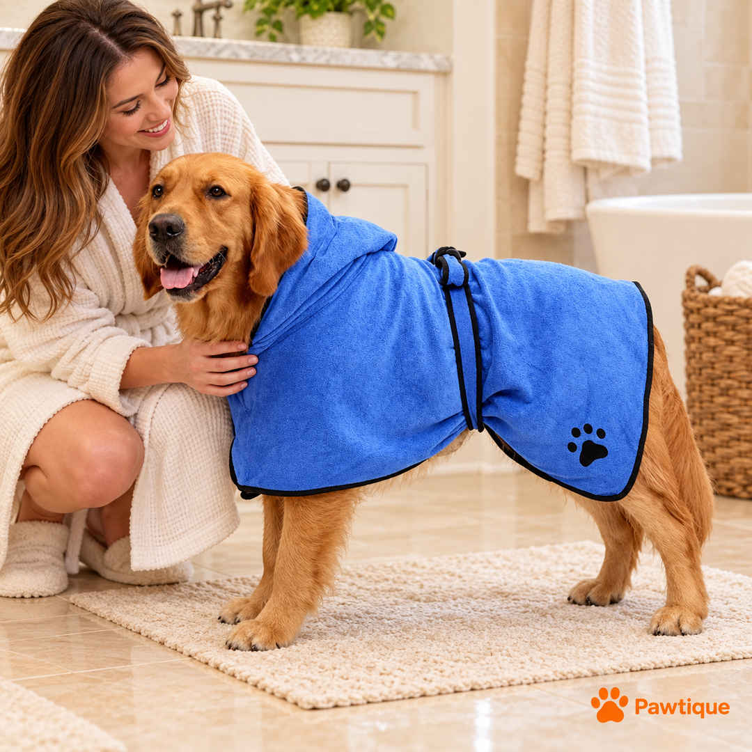 Owner beside a dog wearing the Blue hooded bathrobe after bathing