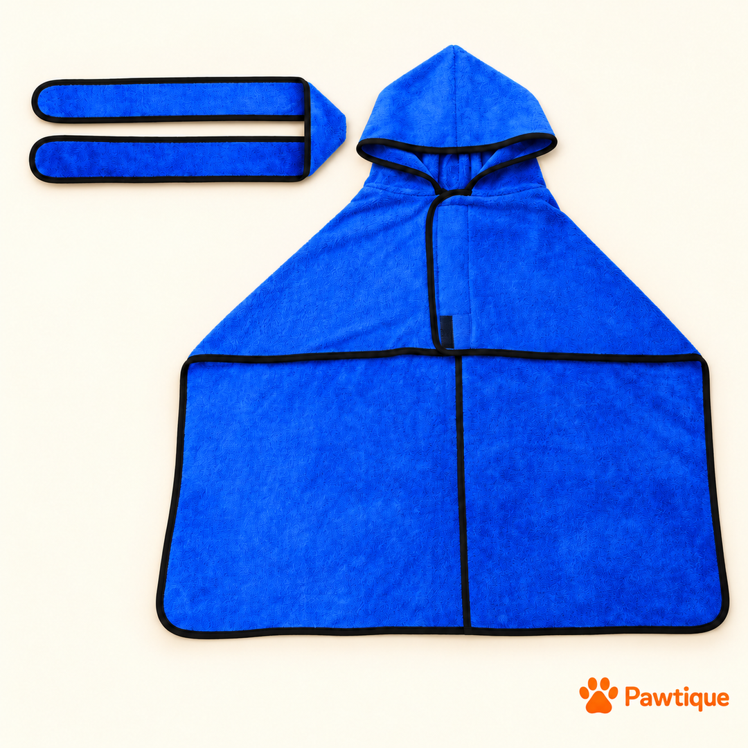 Blue hooded bathrobe opened flat beside its matching wrap strap