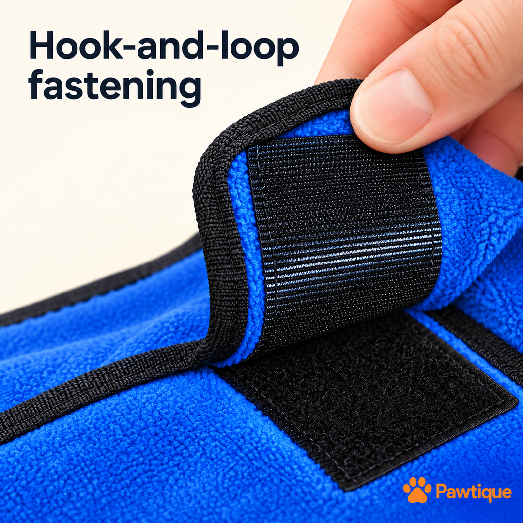 Black hook-and-loop fastening on the Blue bathrobe shown lifted by hand
