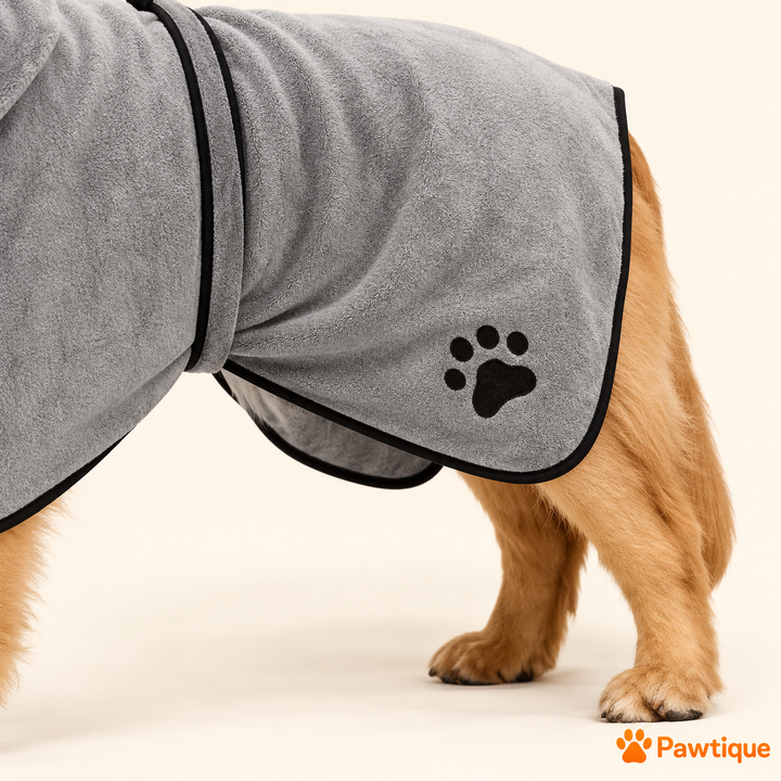 Light Grey bathrobe rear panel with black paw motif and black edge piping