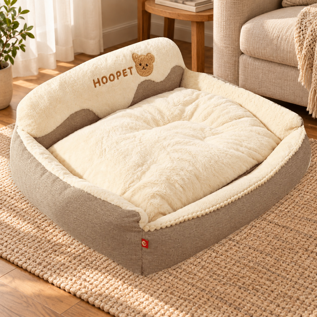 Cream-and-taupe HOOPET sofa-style dog bed with bear embroidery and plush cushion