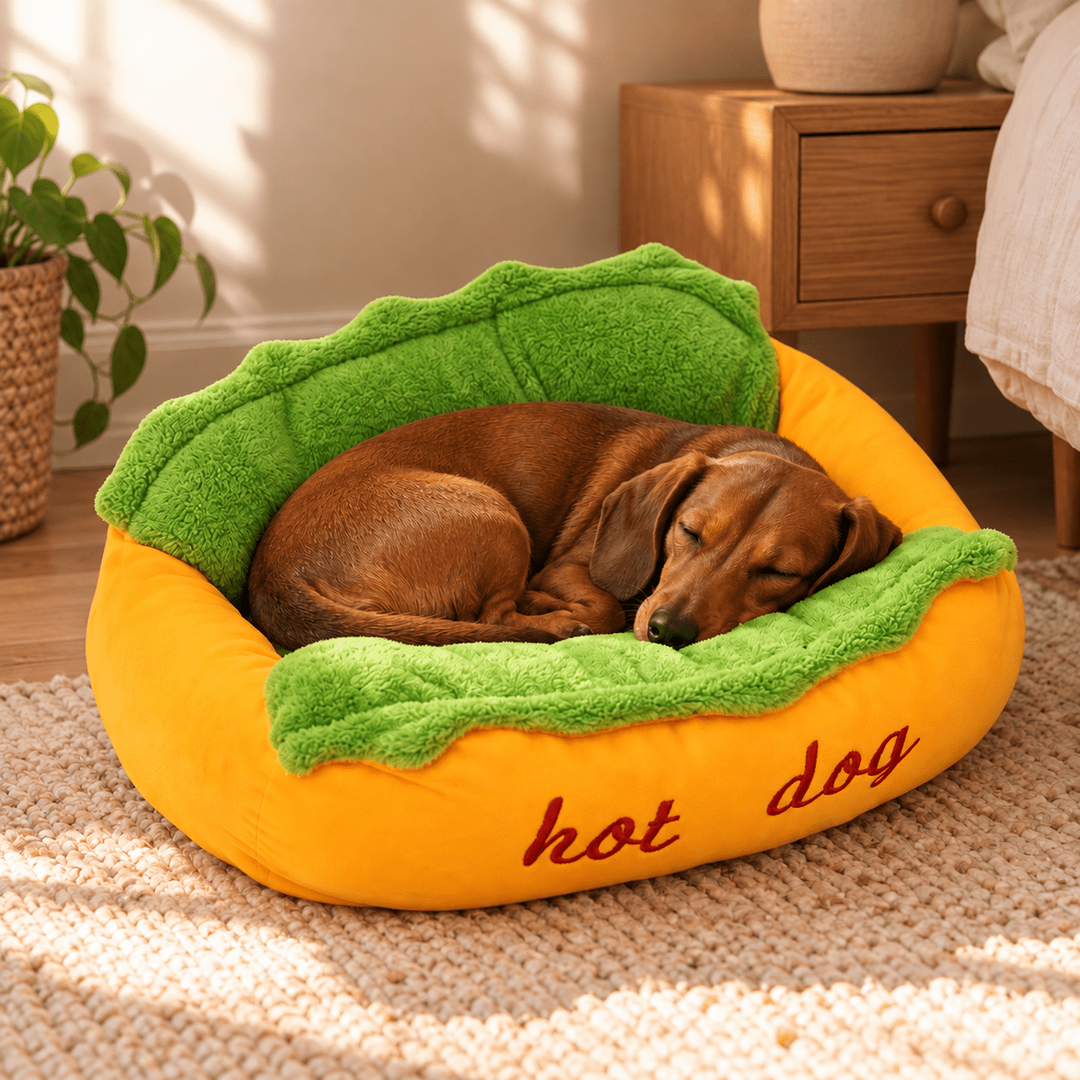 Dog resting in the yellow and green Hot Dog Bolster Bed beside a wooden bedside table.