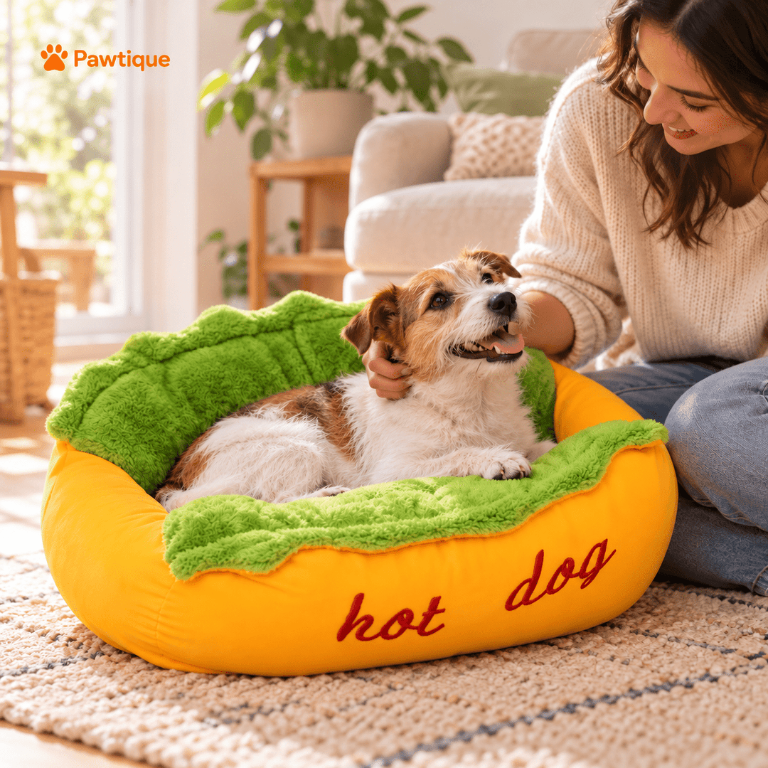 Owner petting a small dog resting in the yellow-and-green Hot Dog Bolster Bed.