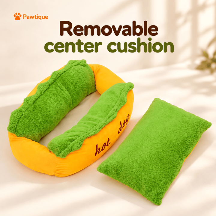 Hot Dog Bed with the green center cushion removed and placed beside the yellow bolster surround.