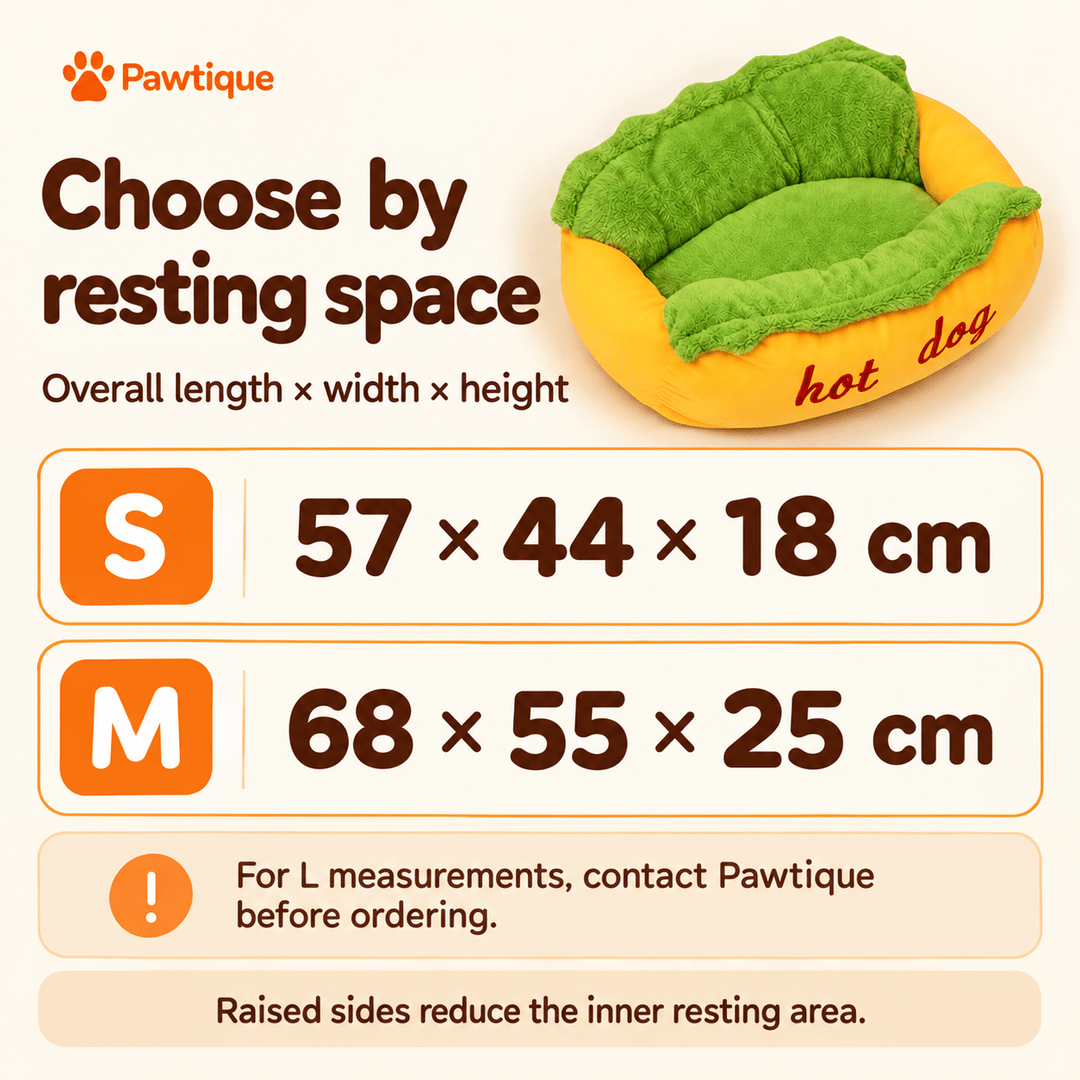 Hot Dog Bed size guide: S 57 × 44 × 18 cm and M 68 × 55 × 25 cm; L measurements need confirmation before ordering.