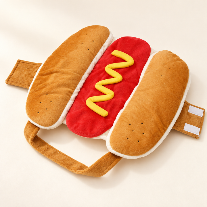 Pawtique Hot Dog Costume for Dogs with plush golden bun sides, red center, yellow mustard and fabric straps.