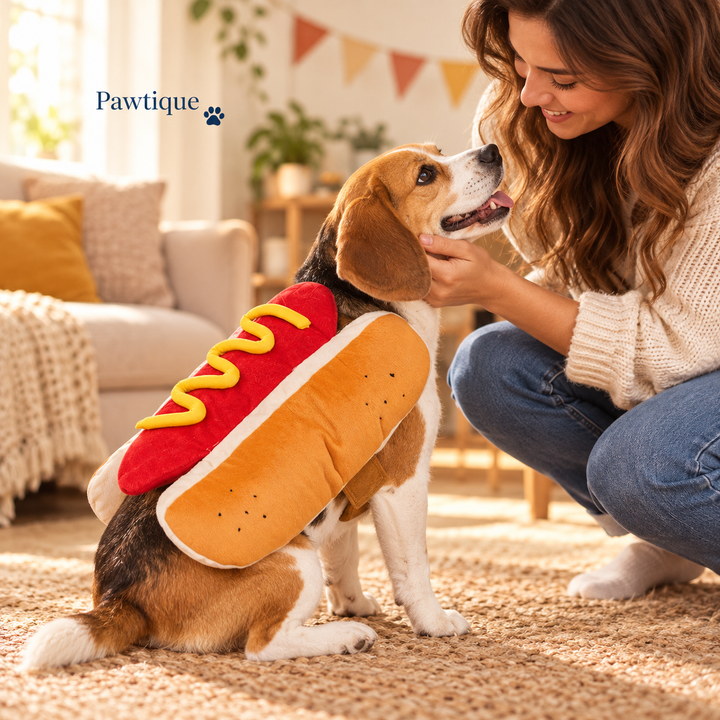 Dog wearing the hot-dog costume sharing an affectionate moment with its owner at a costume gathering.