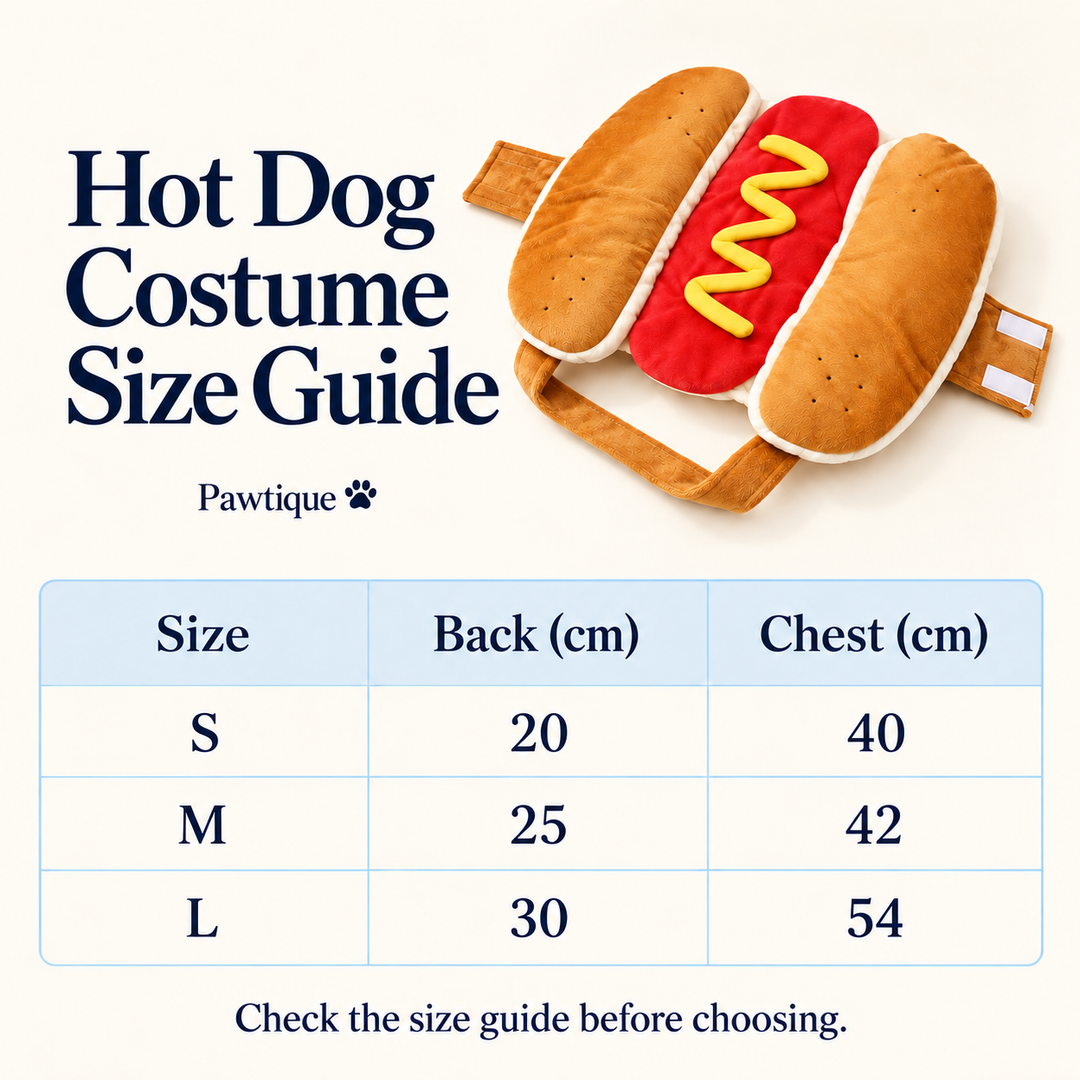 Hot Dog Costume for Dogs size guide: S back 20 cm chest 40 cm; M back 25 cm chest 42 cm; L back 30 cm chest 54 cm.