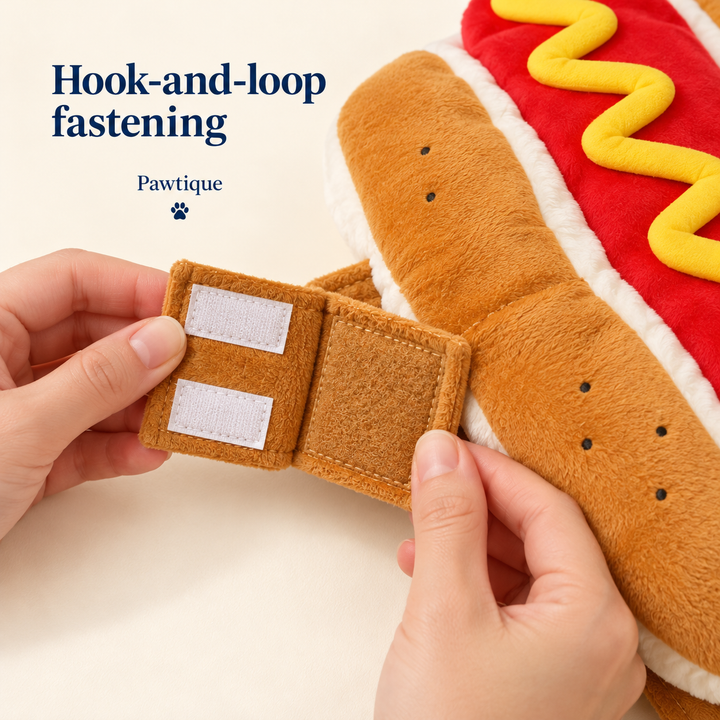 Hook-and-loop fabric fastening on the hot-dog costume shown open.