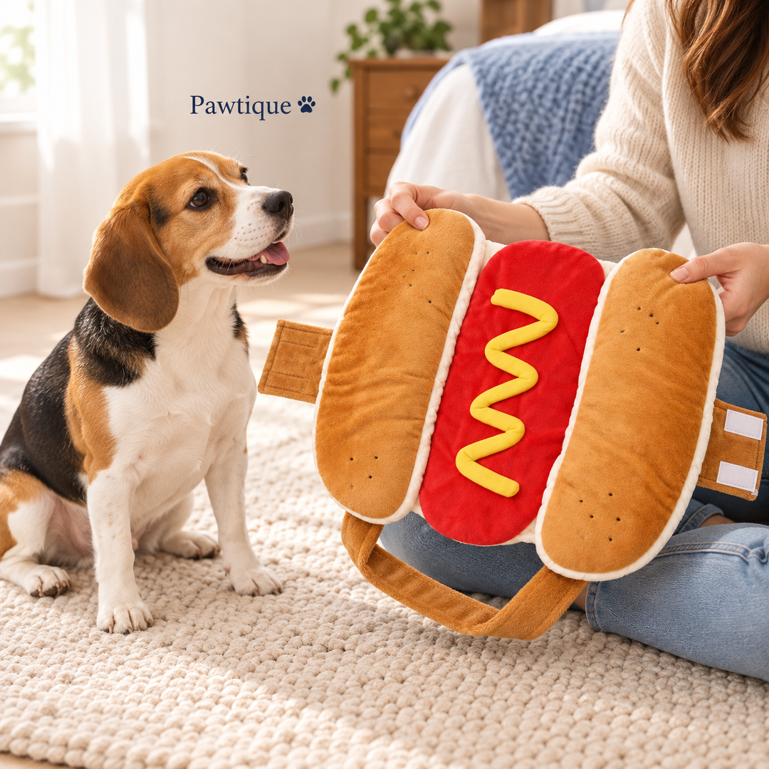 Owner holding the hot-dog costume beside a dog before dressing.