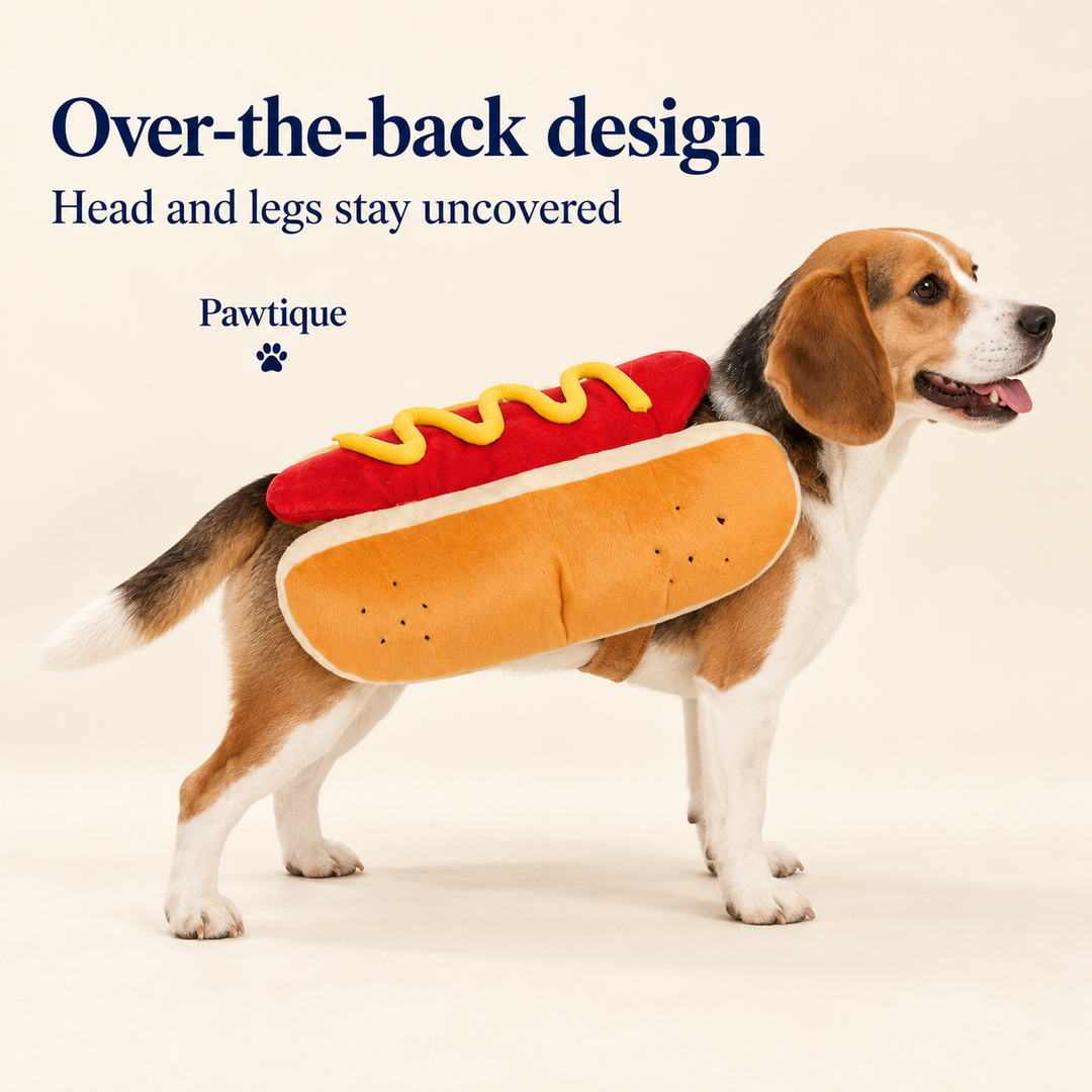 Side fit view of the hot-dog costume showing over-back placement and uncovered head and legs.