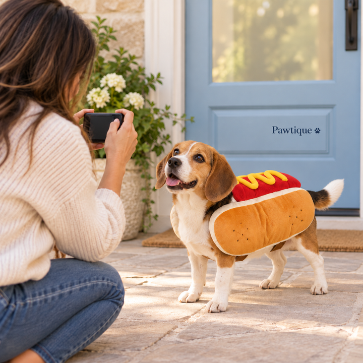 Owner photographing a dog in the hot-dog costume on a patio.