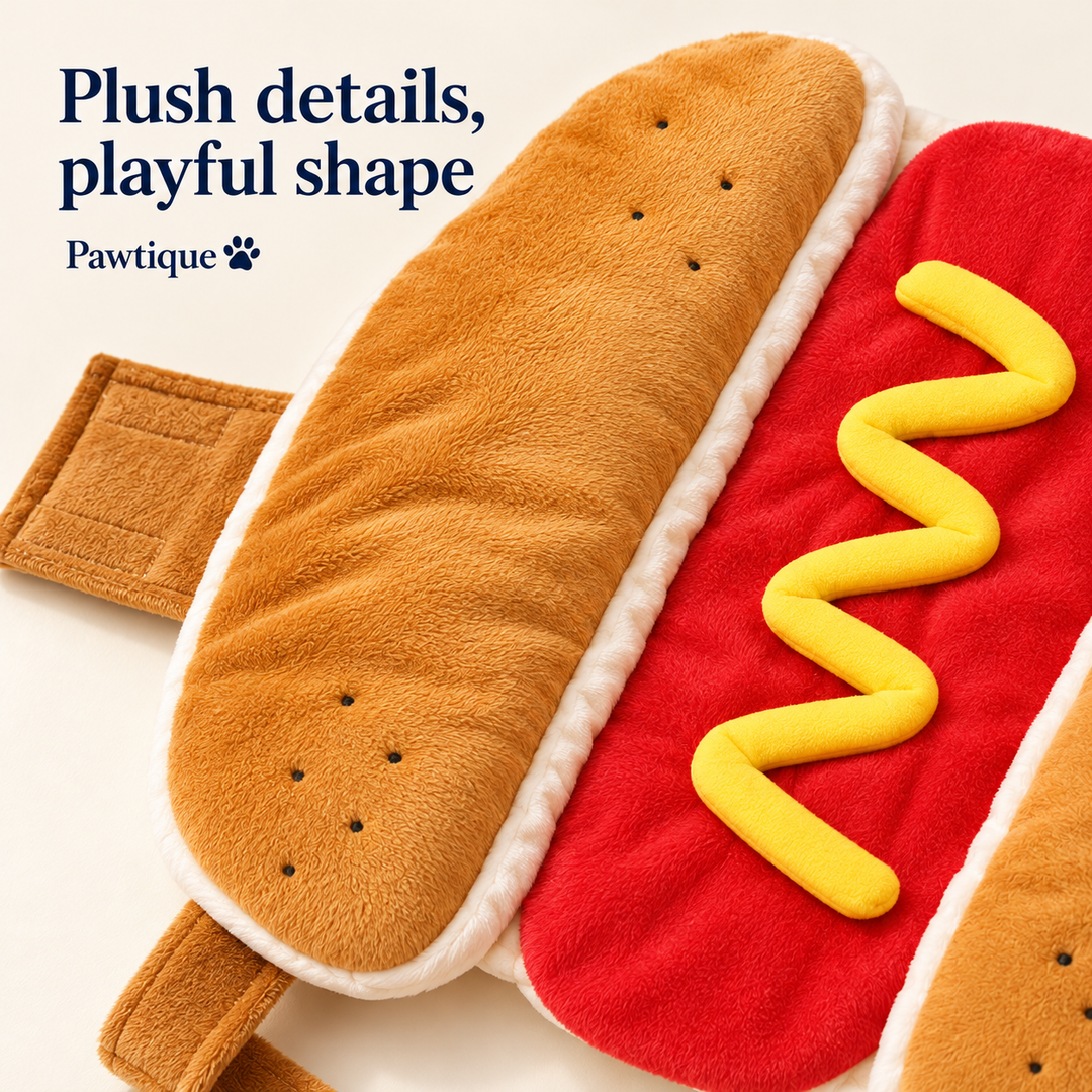 Plush bun panels and raised yellow mustard detail on the fabric hot-dog costume.