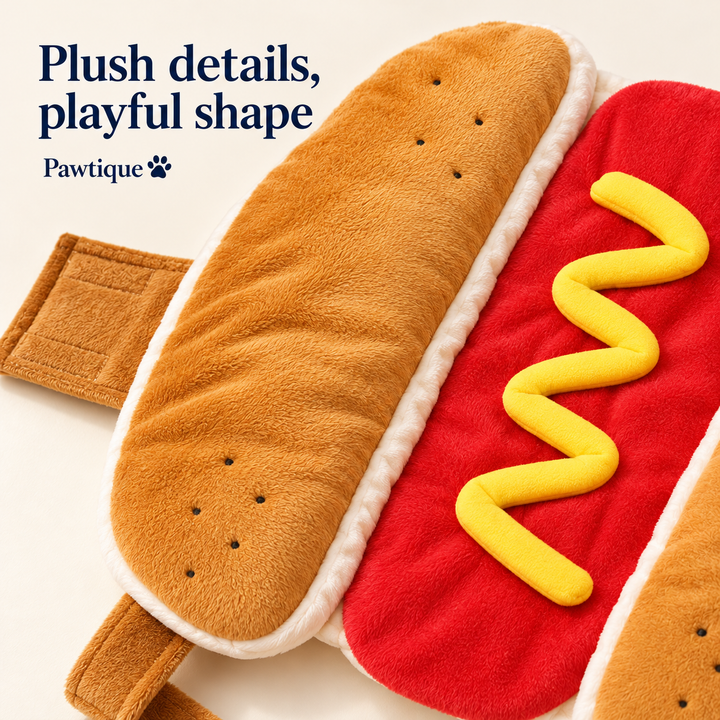Plush bun panels and raised yellow mustard detail on the fabric hot-dog costume.