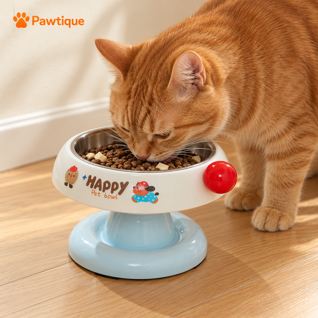 A ginger cat eats from the White pedestal bowl with its stainless steel insert seated inside.