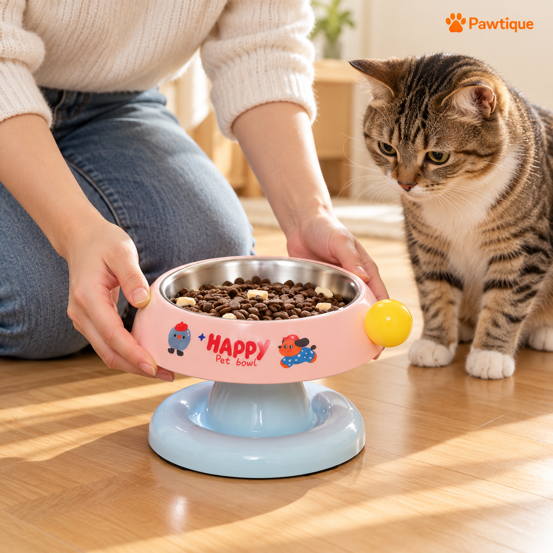 An owner sets down the Pink pedestal bowl while a cat waits nearby.