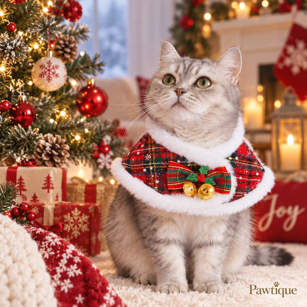 Silver tabby cat wearing a red tartan holiday pet cape