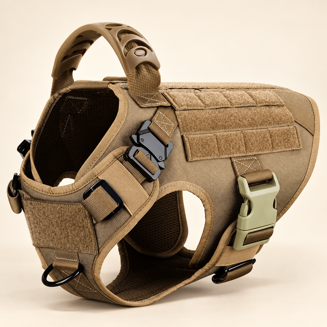 Brown Pawtique K9 Tactical Dog Harness with front ring, top handle and adjustable straps