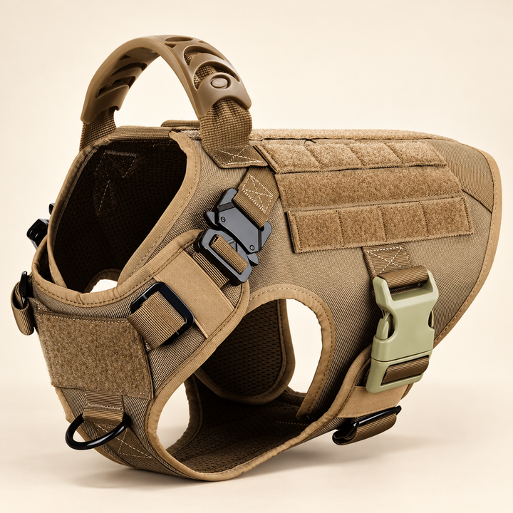 Brown Pawtique K9 Tactical Dog Harness with front ring, top handle and adjustable straps