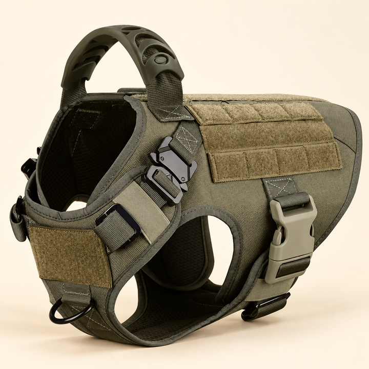 Green Pawtique K9 Tactical Dog Harness with adjustable straps and top handle