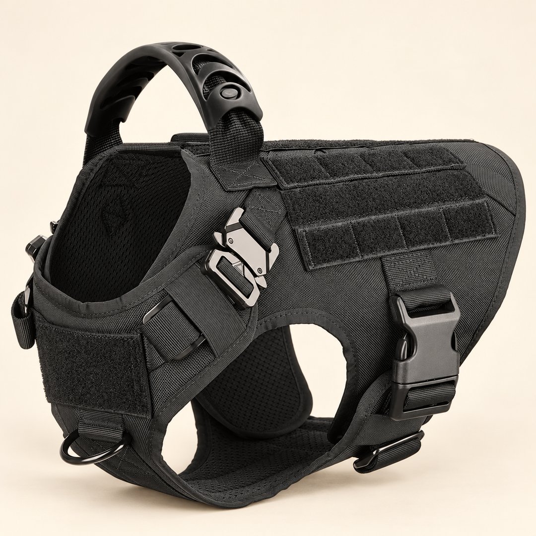 Black Pawtique K9 Tactical Dog Harness with adjustable straps and top handle