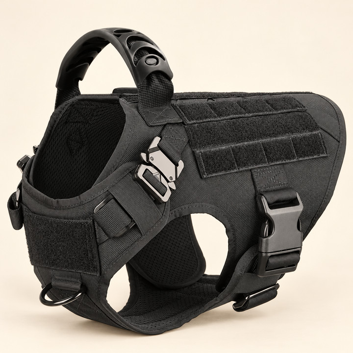 Black Pawtique K9 Tactical Dog Harness with adjustable straps and top handle