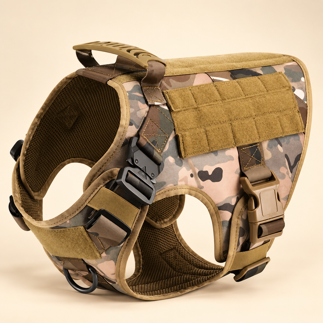 Camouflage Pawtique K9 Tactical Dog Harness with brown webbing and top handle