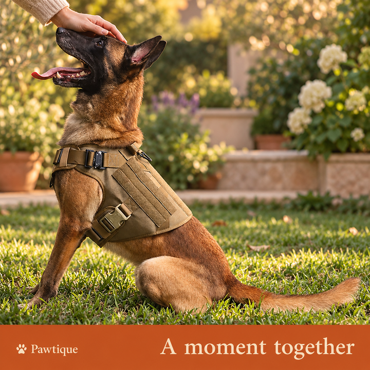 Brown K9 harness worn by a seated dog during a quiet garden moment